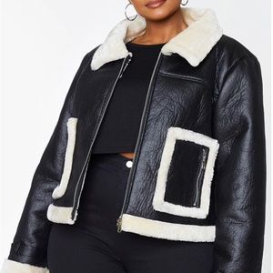 Plus Black Borg Trim Cropped PU Jacket